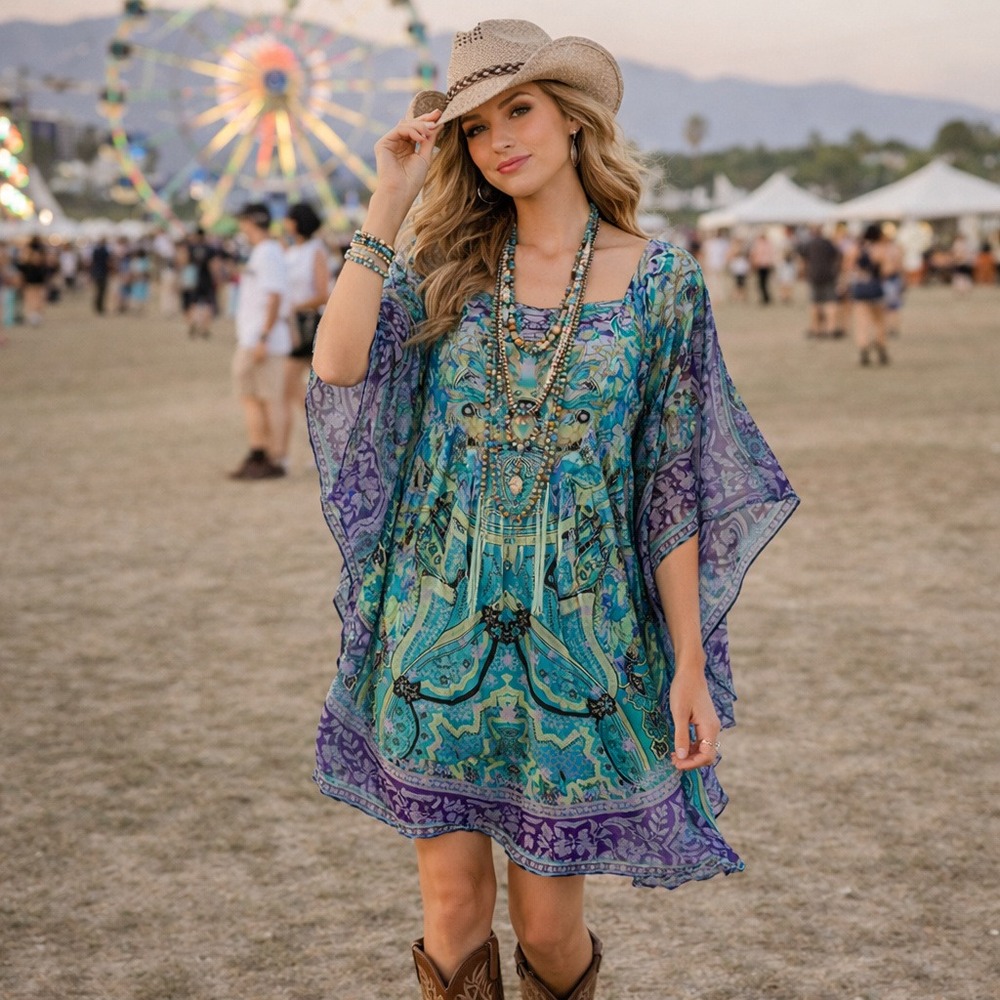 Boho Kaftan Tunic Dress Size Small Sheer Kimono Sleeve Festival Indie Rave Retro